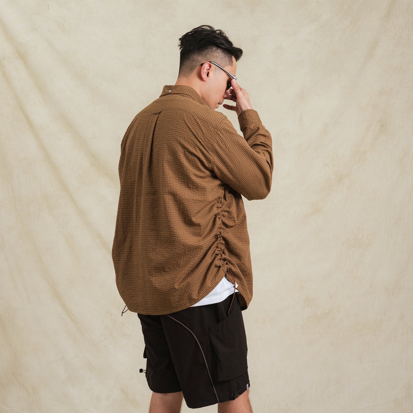 Checkered Sidepull Shirt / Seersucker Cotton - Brown