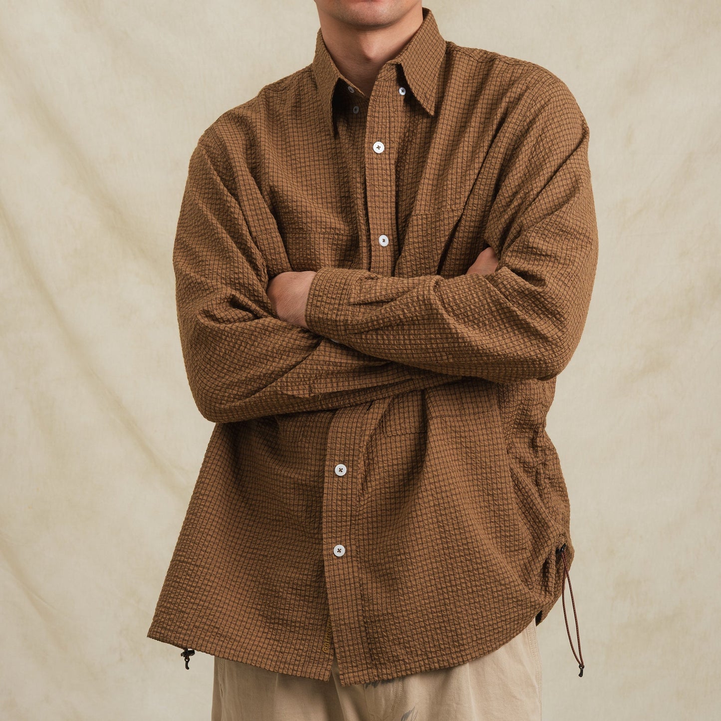 Checkered Sidepull Shirt / Seersucker Cotton - Brown