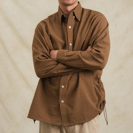 Checkered Sidepull Shirt / Seersucker Cotton - Brown