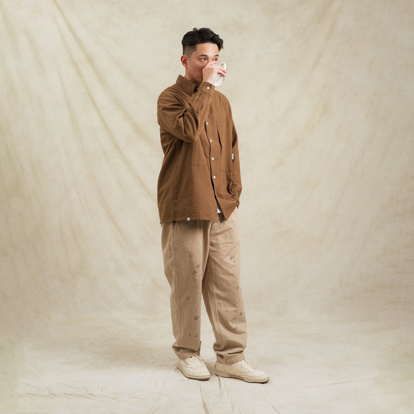 Checkered Sidepull Shirt / Seersucker Cotton - Brown